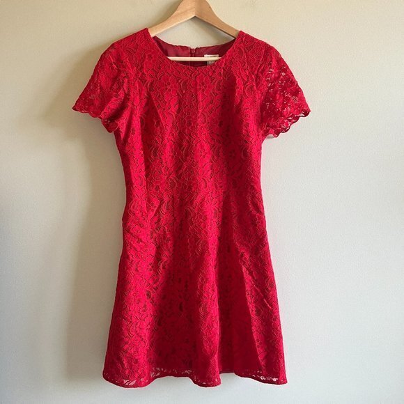 J. Crew Red Lace Short Sleeve Dress Lined Cocktail E3707 A-Line Womens Size 4 - Picture 2 of 10